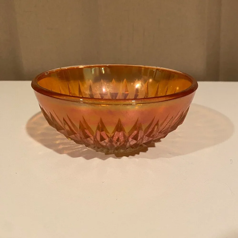 Vintage‎ Pink Carnival Glass Bowl 5” Iridescent Diamond Cut Candy Dish